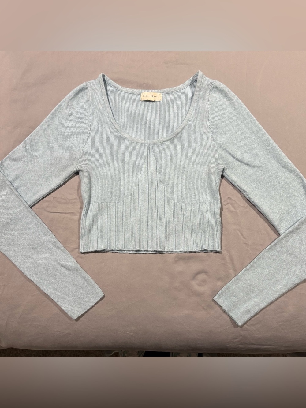 La Hearts Pale Blue Ribbed Hem Long Sleeve Crop Top